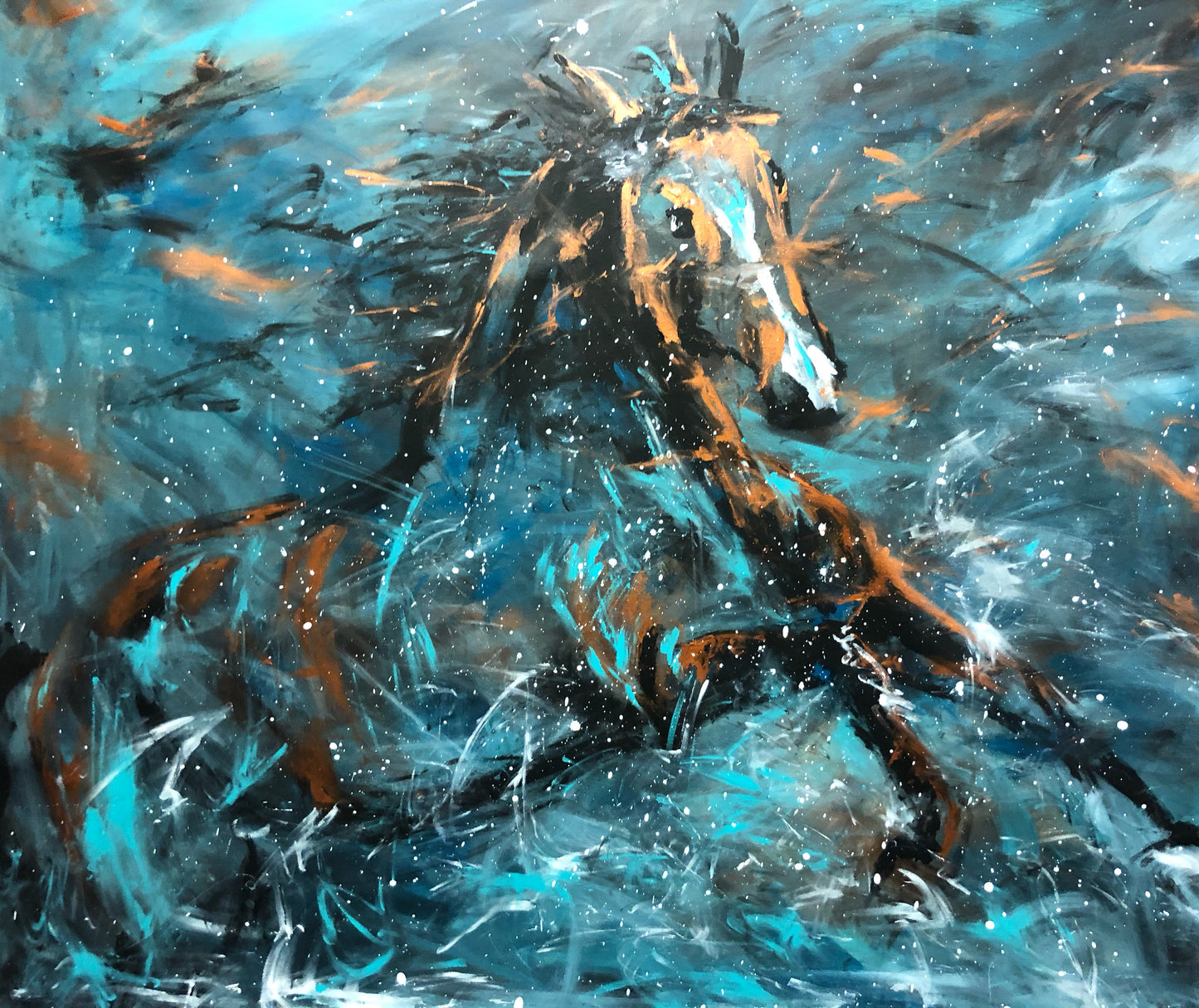 SOLD but available as prints  horse contemporary painting "Feeling the blue(s)"