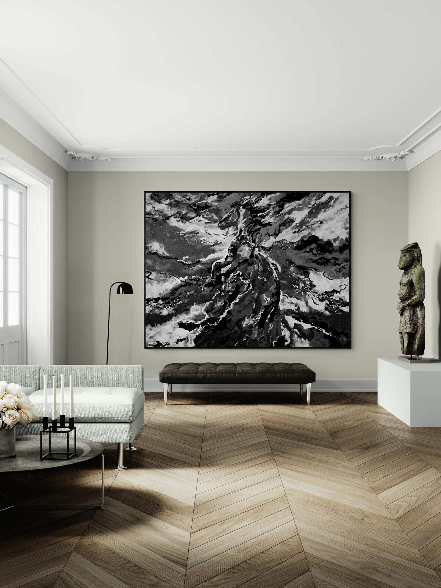CANVAS PRINT abstract horse in clouds black and white with artistic finish wall art Scandinavian style