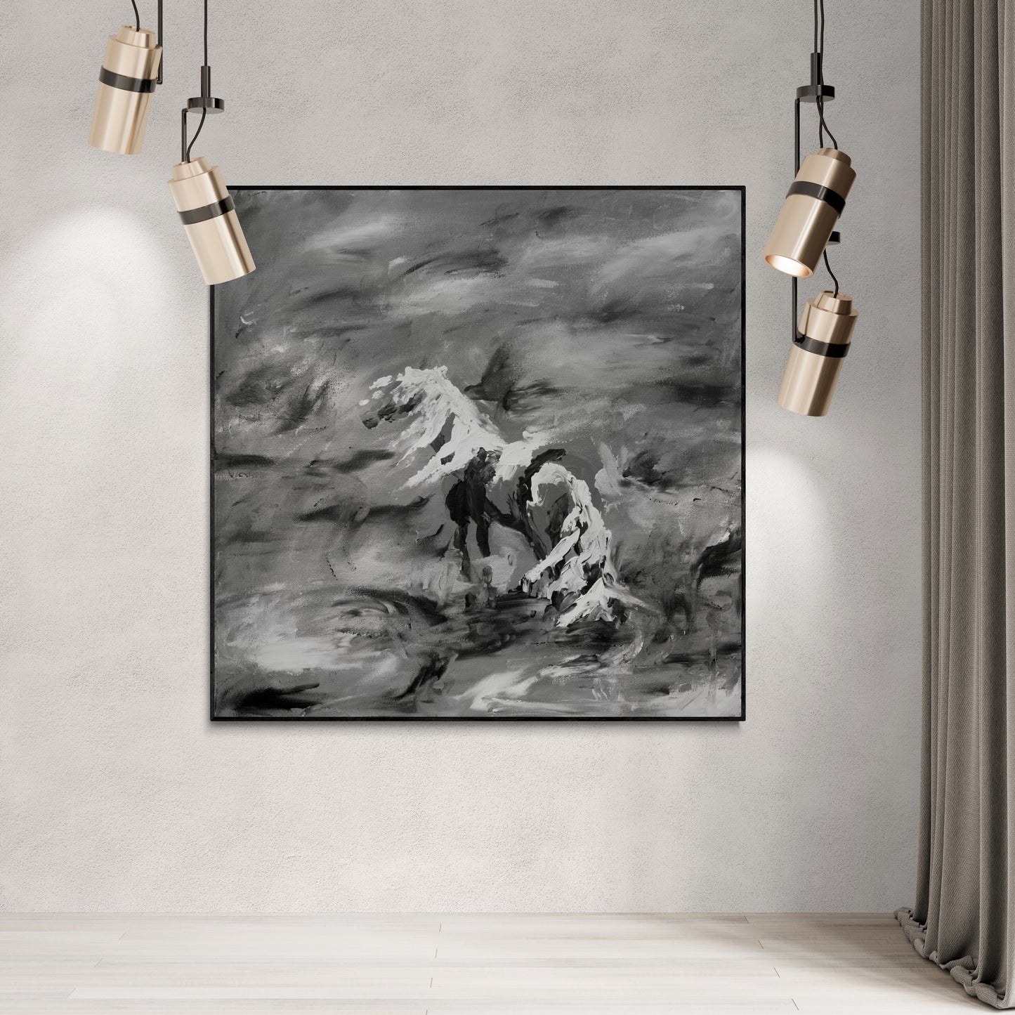 CANVAS PRINT abstract horse in horizion black and white with artistic finish wall art Scandinavian style