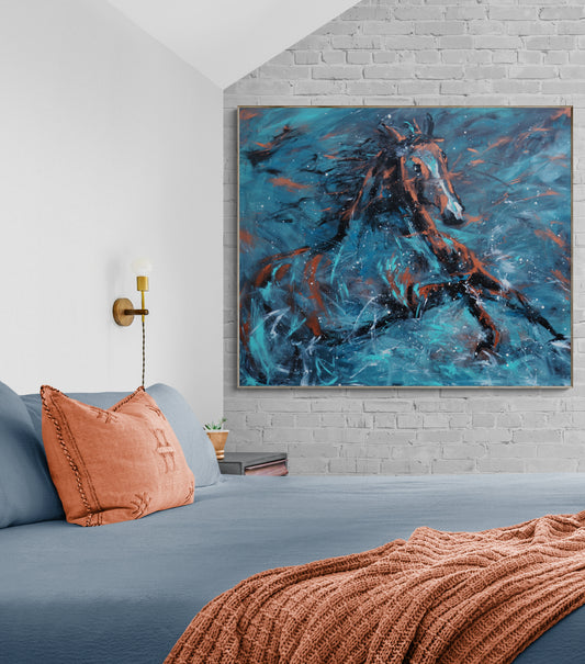 SOLD but available as prints  horse contemporary painting "Feeling the blue(s)"